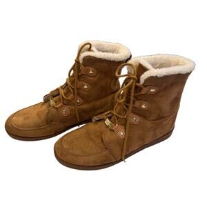 Bebe Leyila Brown Suede & Faux Fur Lined Ankle Boots/ Lace Up, Comfort EUC 10